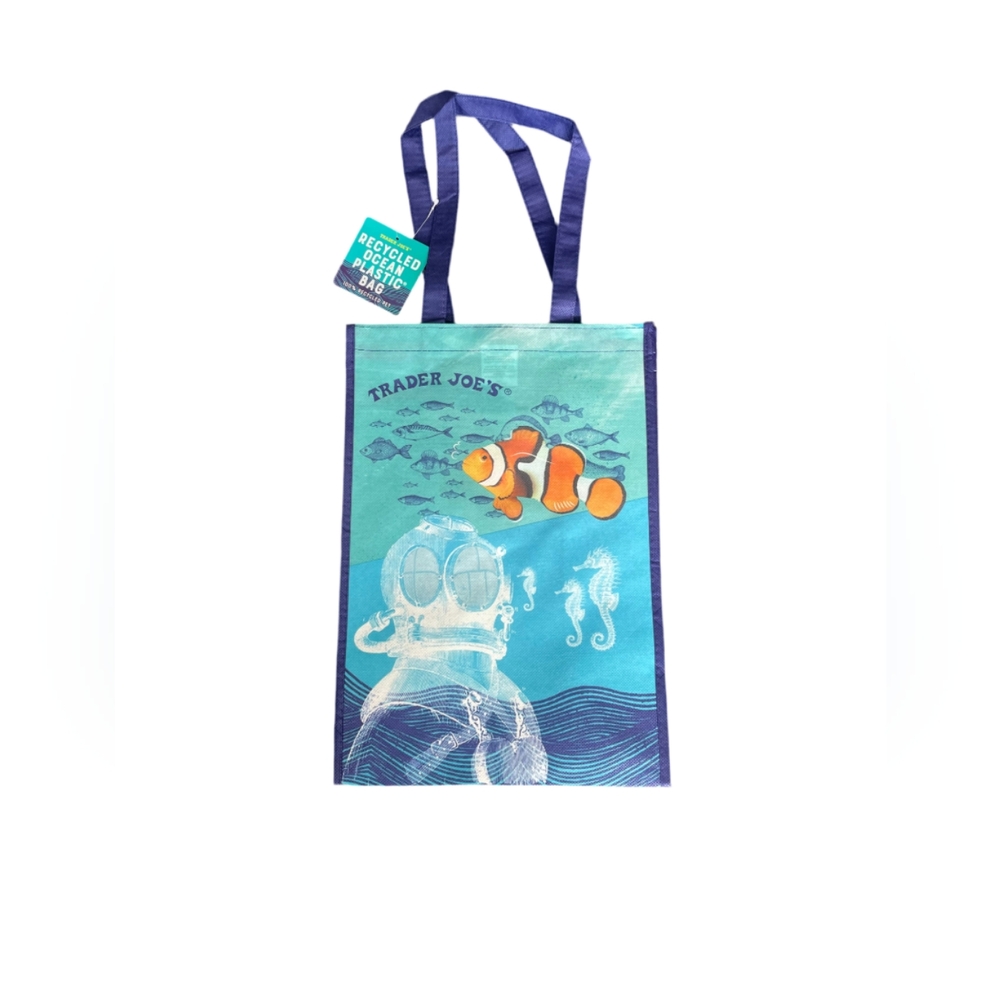 NEW! Trader Joe's Ocean Plastic Bag Reusable Shopping Tote 100% Recycled NWT